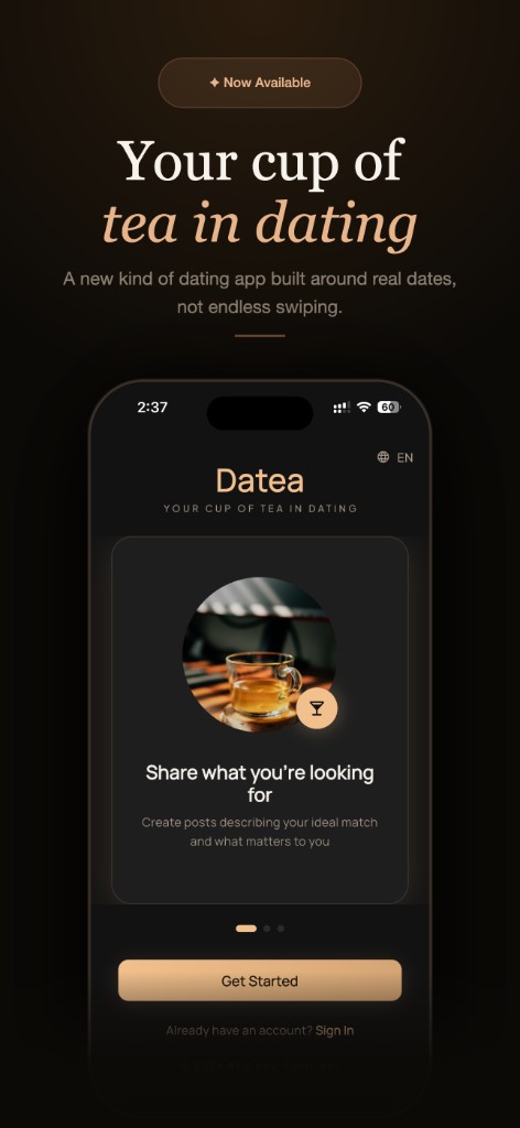 Datea welcome screen: share what you are looking for and get started.