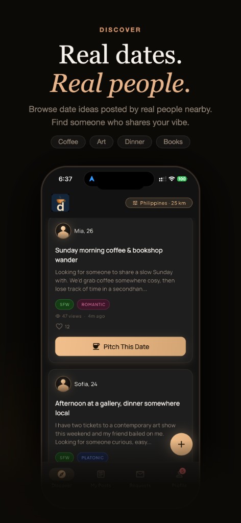 Discover real date ideas nearby with filters and pitch buttons.