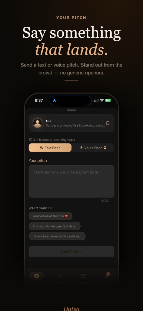 Send a text or voice pitch with warm starters and daily limits.