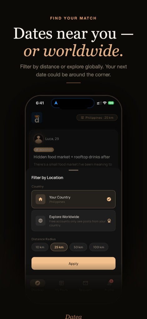 Filter posts by your country, distance radius, or worldwide exploration.