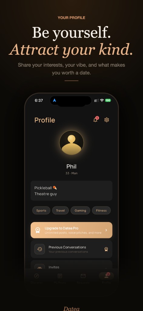 Profile with bio, interests, and upgrade options.